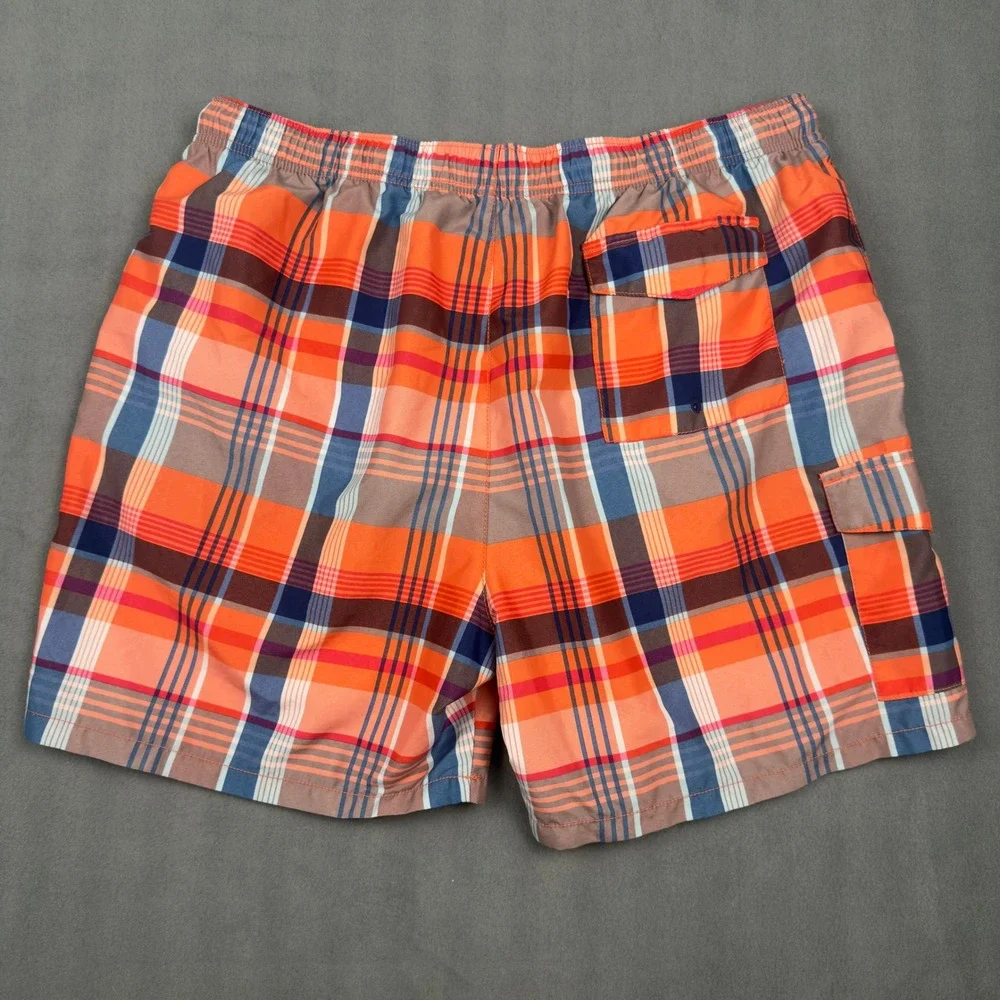 Tommy Bahama Naples Plaid Swim Trunks Mens XXL Orange Blue Cargo Mesh Lining